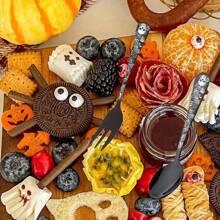 8/10 peças Conjunto de Colheres de Café, Colheres de Sobremesa, Pinças de Açúcar, Garfos de Fruta, Facas de Queijo, em Estilo Gótico de Aço Inoxidável, Crânio Preto e Rosas, Adequado para Halloween, Dia dos Mortos, Decoração de Mesa e Cozinha, Volta às Aulas