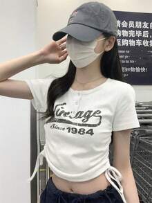 夏季韩版修身字母印花抽绳纽扣设计短袖T恤 休闲白色 - 白色 - 查看 2