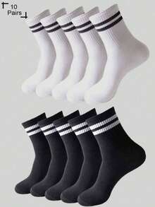 10 Pairs Men's Casual, Breathable Mid-Calf Socks In Assorted Solid Colors And Black & White Striped Patterns - Multicolor - View 1