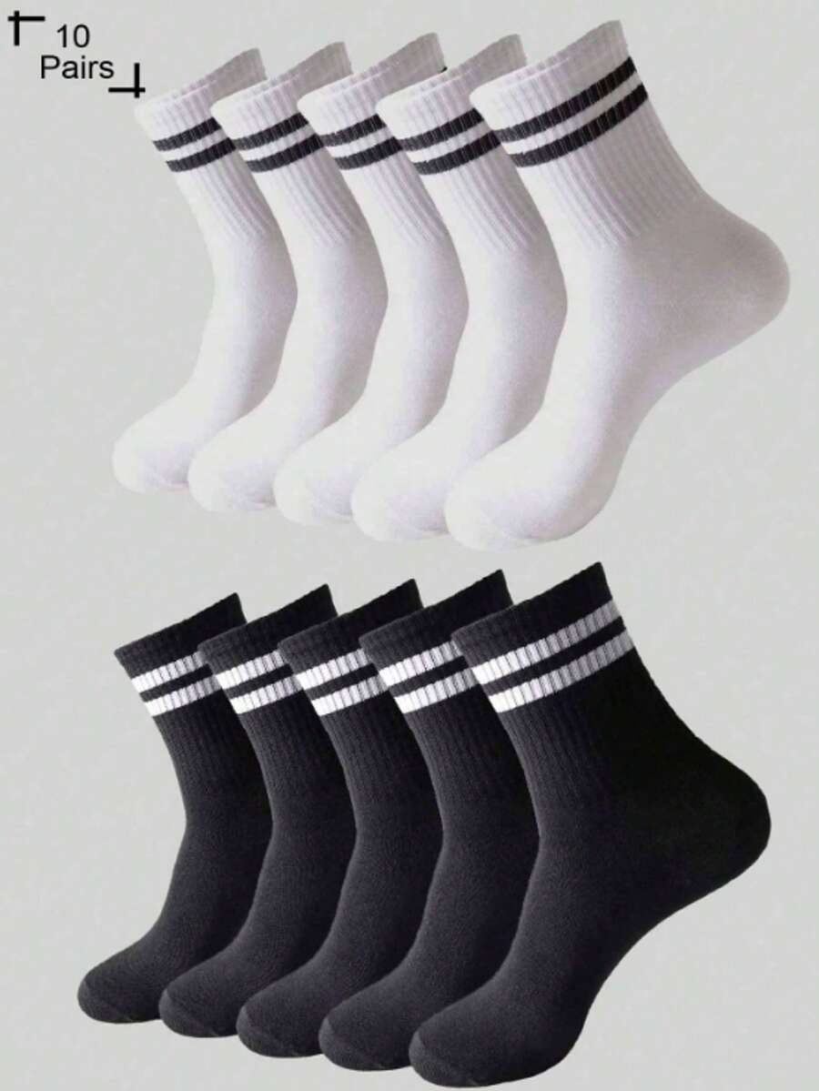 10 Pairs Men's Casual, Breathable Mid-Calf Socks In Assorted Solid Colors And Black & White Striped Patterns - Multicolor - View 1