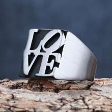 1 Piece Brushed Waterproof Stainless Steel Punk Hip Hop Square Emotion Statement Initials Word LOVE Signet Ring For Man And Women