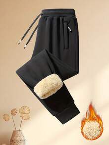 男士冬季保暖修身锥形裤，可调节抽绳腰带，斜插口袋，适合通勤、徒步和户外活动，情人节礼物，黑色运动款 - 黑色 - 查看 2