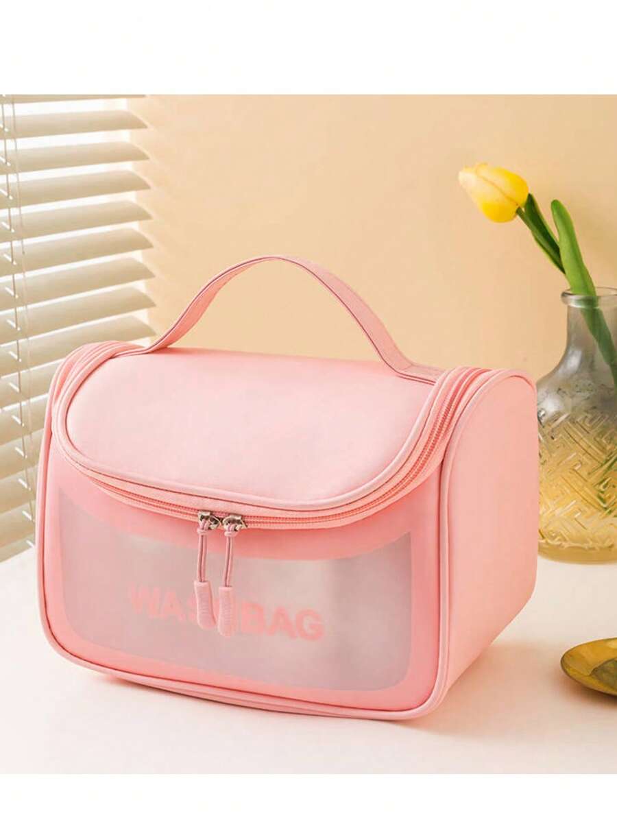Bolsa Necessaire Washbag Organizador De Mala Impermeável Transparente Maquiagem Viagens - Coral - Visão 1