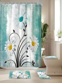 [Floral Shower] Ensemble de rideaux de douche fleuris de style ferme, 1 pièce/4 pièces rideau de séparation de salle de bain avec 12 crochets, tapis de bain, tapis de toilette en forme de U, housse de siège de toilette, accessoires de salle de bain, décoration de salle de bain Back to School