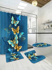 1/4 pièces Ensemble de rideaux de douche avec papillons dorés brillants - Fond bleu haut de gamme avec impression de papillons dorés, en tissu de polyester, imperméable et facile à nettoyer, 12 crochets, tapis antidérapant, tapis de sol en U, housse de siège de toilette - idéal pour le dortoir, la décoration de salle de bain de la maison, toutes les saisons