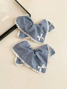 1pc Vintage Denim Blue Bowknot Hair Scrunchie, Elegant Lace Trim Hair Tie, Hair Accessories For Ponytail