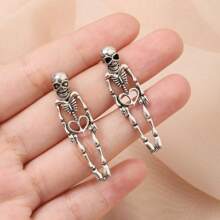 Vintage Hollowed Out Antique Silver Skull Earrings With Exaggerated And Quirky Personality, Skull Alloy, Festive Atmosphere, Creative Single Item Female Earrings