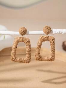 1 对波西米亚风格拉菲草环状耳环，海滩度假配饰，蓝色、粉色、米色，适合日常佩戴或度假