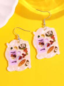 1 Pair Fashionable Cute Creative White Pearly Acrylic Bread/Breakfast Food Design Earrings, Versatile For Daily Wear, Holidays & Parties