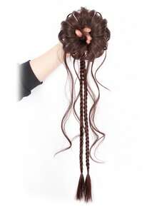 Ancient Style Side-Tied Dragon Beard Bun Wig Headband Hanfu Bun Cheongsam Flower Bud Head Wig With Twisted Boxing Braid