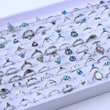 50pcs/Pack Bohemian Vintage Hollow Geometric Crystal Adjustable Rings For Women, Random Styles For Daily, Date, Party, Jewelry Accessory Gift