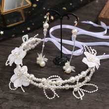 2pcs/Set Women's Handmade Floral Pearl Headband & Earrings Bridal Hair Accessories, Shiny White Flower Headpiece & Earclips Wedding Dress Decor