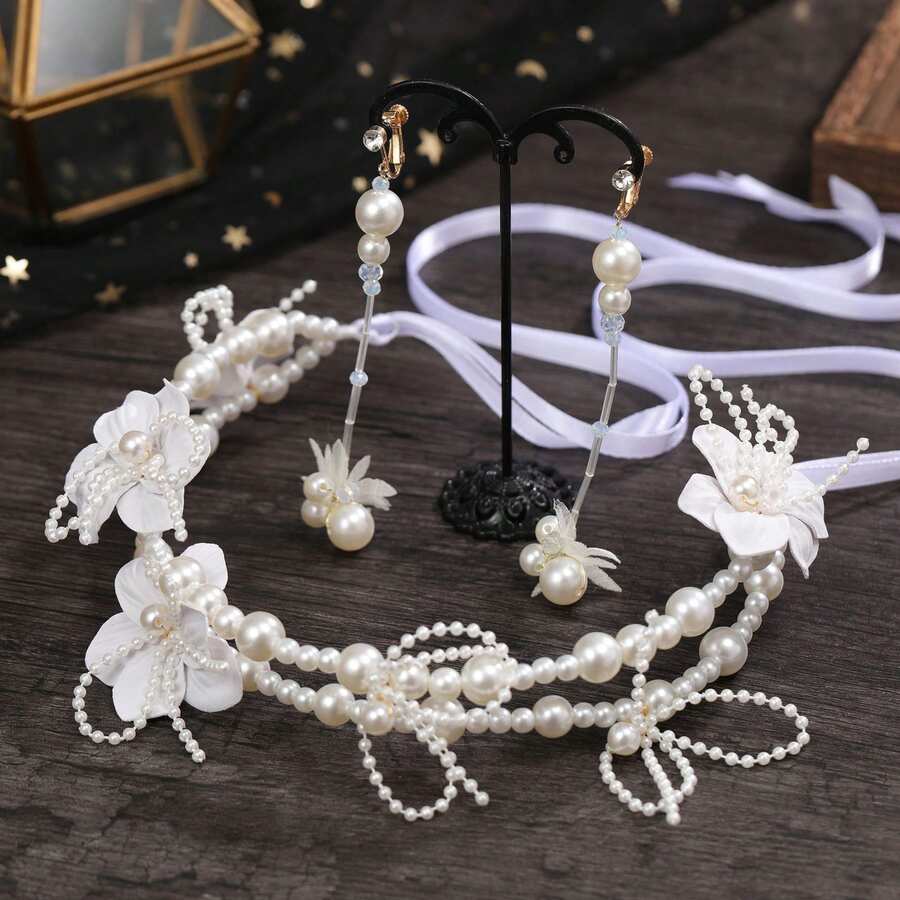 2pcs/Set Women's Handmade Floral Pearl Headband & Earrings Bridal Hair Accessories, Shiny White Flower Headpiece & Earclips Wedding Dress Decor