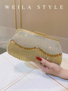 Luxury Golden Rhinestone Clutch Bag With Tassels, Sparkling Crystal Handbag For Evening Party, Wedding, Cocktail, High-End Fashion Lady Party Purse, Top-Handle, Crossbody, Small Square Clutch