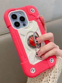 Shockproof Rugged Protective Case Compatible With IPhone 16/15/14/13/12/11 Pro Max Plus, 360° Rotating Ring Stand, Full-Body Shockproof Protective Case, 3-In-1 Protective Case, Waterproof, Shockproof, Scratch-Resistant - Hot Pink - View 3