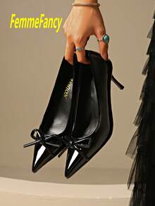 夏季纯色时尚通勤夜店性感派对优雅蝴蝶结尖头细高跟凉鞋，户外漆皮踝带高跟鞋，小猫跟，酒红色，黑色，白色，红色，适合搭配连衣裙