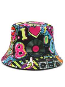 Cappello a secchio vintage con stampa graffiti anni '80-'90, cappello unisex da streetwear, hip hop, musica, adatto per feste