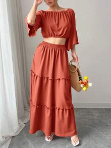 Conjunto de dos piezas para mujer con top y falda de unicolor, ropa de verano - Naranja Coral - Ver 3