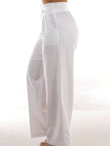 High Elastic Waist Wide Leg Linen Pants White - Multicolor - View 3