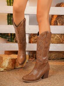 秋冬新款女式西部牛仔靴，尖头刺绣粗跟中筒时尚西部靴 - 棕色 - 查看 7