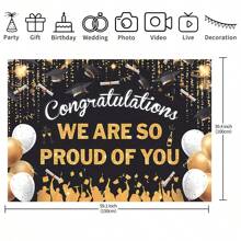 1 pieza de fondo de fotografía de graduación, sombrero de licenciatura negro y globo dorado, fondo de pancarta de celebración de fiesta de graduación