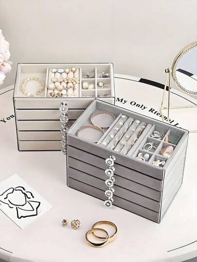 1 peça, 7 compartimentos, 5 camadas, transparente, tecido de veludo, caixa de acrílico para guardar joias - grande capacidade para brincos, anéis, colares, uso duplo para casa e viagem, design de gaveta acolchoada resistente ao desbotamento, presente feminino, caixa de joias de estilo moderno