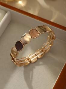 Elegant Vintage Minimalist Style Elastic Zinc Alloy Bracelet For Women - KC Gold Plated Oval Glossy & Matte Design, Versatile For Daily Wear, Formal Events, Sophisticated Gift
