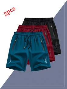 3pcs Men's Outdoor Sports Casual Loose Quick-Dry Shorts With Reflective Stripes, Pockets, Zipper And Drawstring Waist, Suitable For Fitness, Running And Outdoor Activities - 彩色 - 查看 2