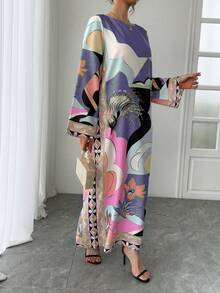 女士奢华圆领长袖宽松优雅休闲透气假日风格长袍，阿拉伯传统长裙，长袍连衣裙，节日礼服 - 紫色 - 查看 5