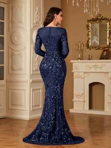 hezixi 这款弹力亮片圆领长袖鱼尾纯色优雅奢华正式礼服，适合各种派对、毕业典礼、婚礼、活动、宴会和舞会，也可作为派对礼服、婚礼宾客礼服、晚礼服或长裙穿着。