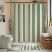 1/4pcs Green & White Striped Bathroom Curtain Set, Includes Bath Mat, U-Shaped Toilet Lid Cover, Toilet Seat Cover, Waterproof Shower Curtain, Modern Style Bathroom Divider Curtain, No Drilling Required, Polyester, Machine Washable Bathroom Accessories Back To School Bathroom Decor