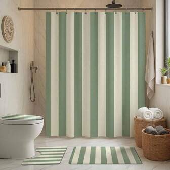 1/4pcs Green & White Striped Bathroom Curtain Set, Includes Bath Mat, U-Shaped Toilet Lid Cover, Toilet Seat Cover, Waterproof Shower Curtain, Modern Style Bathroom Divider Curtain, No Drilling Required, Polyester, Machine Washable Bathroom Accessories Back To School Bathroom Decor