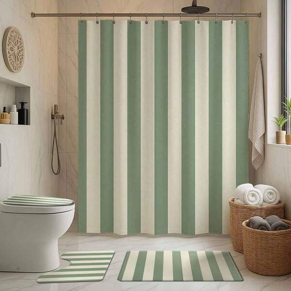 1/4 pièces Ensemble de rideaux de salle de bain rayés vert et blanc, comprenant un tapis de bain, un couvre-abattant de toilette en forme de U, un couvre-siège de toilette, un rideau de douche imperméable, un rideau de séparation de salle de bain de style moderne, sans perçage nécessaire, en polyester, accessoires de salle de bain lavables en machine, rentrée scolaire