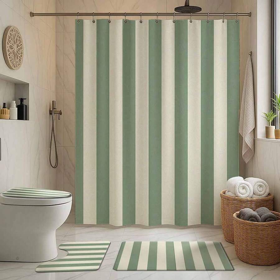 1/4pcs Green & White Striped Bathroom Curtain Set, Includes Bath Mat, U-Shaped Toilet Lid Cover, Toilet Seat Cover, Waterproof Shower Curtain, Modern Style Bathroom Divider Curtain, No Drilling Required, Polyester, Machine Washable Bathroom Accessories Back To School Bathroom Decor