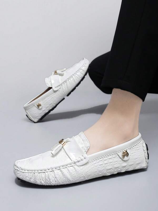 2025 New Tassel & Bead Loafers, Men's Breathable Fashionable Crocodile Pattern Slip-On Handmade Casual Leather Driving Shoes, Suitable For Casual, Party, Wedding, Vacation, Office, Home And Outdoor Wear, All Season