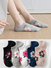5pairs Flower Pattern Daily Wear Casual Women Ankle Socks, No Show Socks - Black and White - View 15