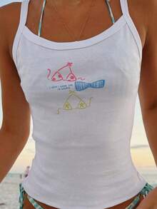 Women Y2K Floral Cami Tank Tops Cute Vintage Flower Graphic Spaghetti Strap Scoop Neck Slim Fit Camisole Crop Tops Summer Backless Sleeveless Vests Shirts Teens Girl Summer Ocean Coastal Beach Casual Going Out Tops Aesthetic Clothes Streetwear - 白色 - 查看 4