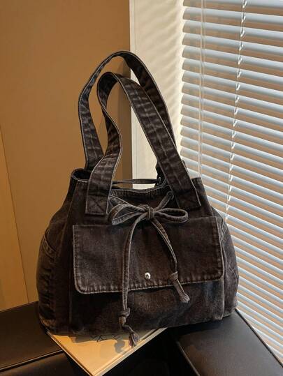 New Fashion Casual Solid Color Washed Canvas Drawstring Tote Bag, Multi-Pocket Commuter Shopping School Shoulder Bag For Women