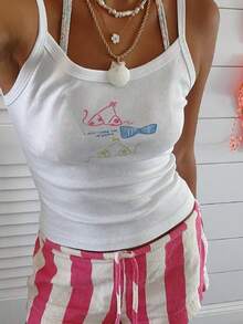 Women Y2k Flower Hibiscus Spaghetti Strap Tank Tops Sleeveless Backless Fitted Camisole Teen Girls Coastal Beach Cami Shirt - 白色 - 查看 1