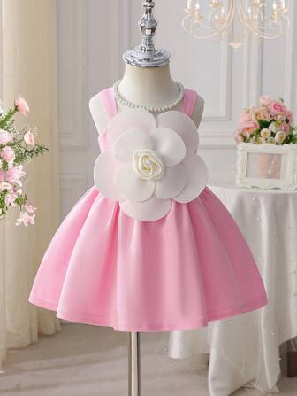 0 - 3 Years Baby Girls' Elegant Sleeveless Dress, Black Skirt With Oversized White Flower Accent