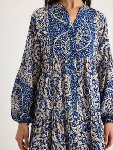 BIANCO LUCCI 女式花卉蝙蝠袖系带开衩长裙，适合度假和休闲海滩装 - 藏蓝色 - 查看 3