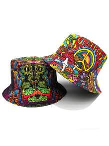 Cappello da secchio casual reversibile con stampa grafica Peace & Love, cappello da sole visiera unisex adatto per vacanze e viaggi