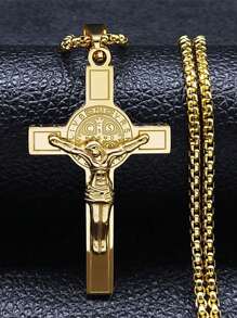 Collar de acero inoxidable con colgante de cruz de Jesús dorado/plateado con el emblema de San Benito para hombres