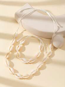 新款跨境天然貝殼項鍊和手鐲套裝，夏威夷風格時尚多變手工編織INS珠寶套裝 - 黑色 - 查看 7