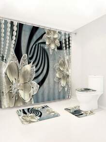 1 pièce/4 pièces Set de décoration de salle de bain multifonctionnel avec fleurs strass - Rideau de douche avec 12 crochets, tapis de bain, tapis en forme de U, couvercle de toilette rond, convient à tous les environnements de salle de bain, retour à l'école