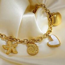 1pc Stainless Steel 18K Gold Plated Starfish, Shell, Heart Shaped Pendant Necklace, Rust Proof, Fashionable Necklace & Bracelet Decor