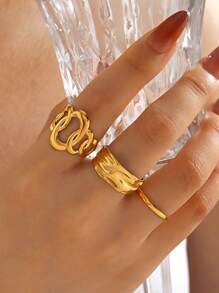 3pcs Stainless Steel Plated Gold Geometric Cross & Ellipse Openwork Rings, Stylish For Women Everyday Wear & Outdoor