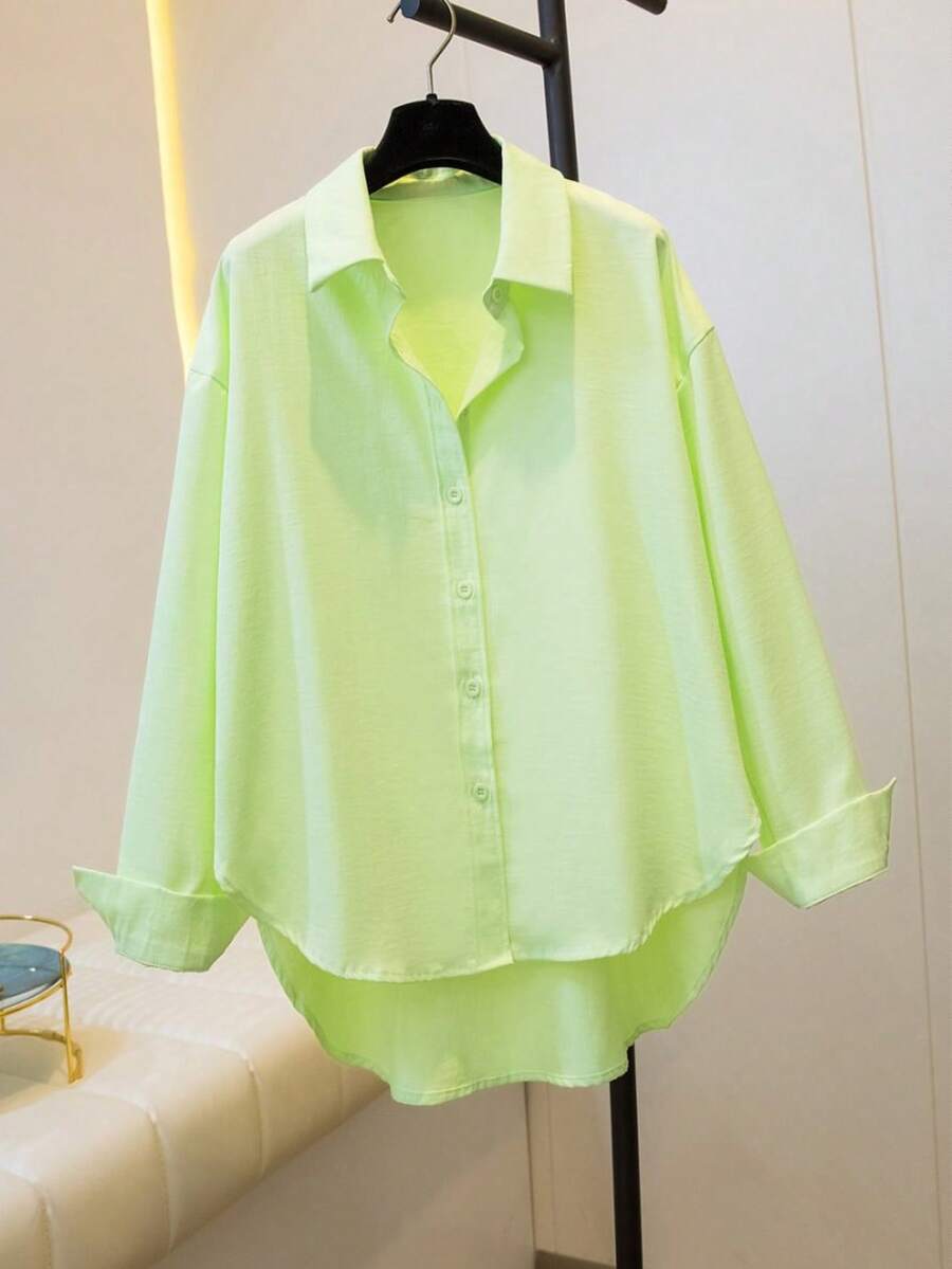 Minimalist Lapel Long Sleeve Loose Women's Shacket, Featuring Shirt Collar And Asymmetric Hem Design - Green - View 1