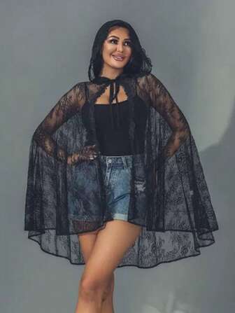 1 件黑色连帽万圣节斗篷、巫师蕾丝衬衫、网眼披肩、卷起领带、花卉图案女士秋季服装