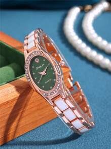 1 Peça Relógio de Quartzo Feminino Clássico Minimalista com Pulseira de Cerâmica Branca, Mostrador Oval Incrustado de Zircônia, Adequado para o Dia a Dia, Festas, Presentes de Aniversário